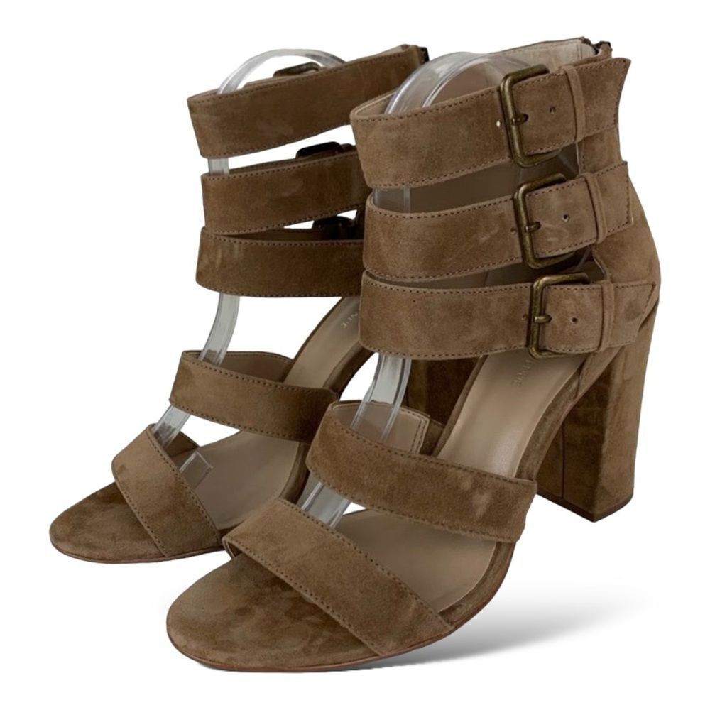 Saks Three Buckle Tan Suede‎ Chunky Heel Back Zip Sandal. Sz 9